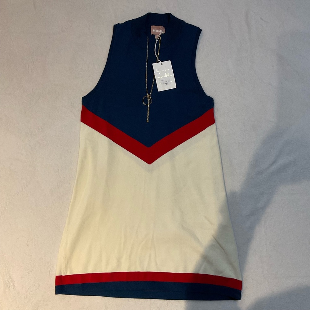 Show Me Your MuMu Blue and Red Midi Zoe zip retro Dress NWT size medium